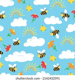 Decorativo estilo infantil sin soldadura con abejas con flores y nubes sobre fondo azul