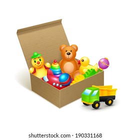 Decorative children toys collection in cardboard paper box vector illustration