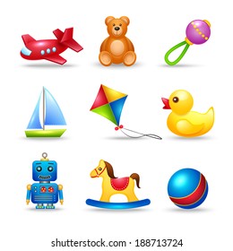 Decorative children toys icons set of airplane teddy bear rattle boat isolated vector illustration