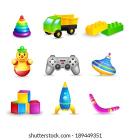 Decorative children toys icons set of truck building blocks space rocket isolated vector illustration