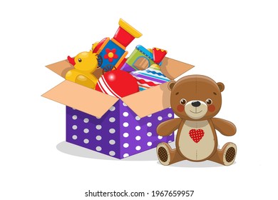 Decorative children toys set in open paper box isolated on white background, full of children´s toys including Teddy Bear, train, Ball, rubber duck, whirligig. vector illustration