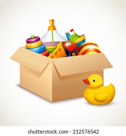 Decorative children toys set in open paper box isolated on white background vector illustration