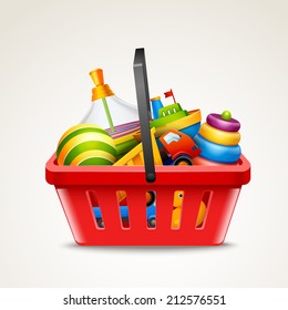 Decorative children toys set in plastic red shopping basket isolated on white background vector illustration