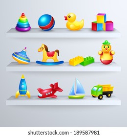 Decorative children toys set of rocking horse yacht airplane on a shelf vector illustration