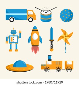 Decorative children toys set of train, robot, truck, rocket, ball, drum, pinwheel, ufo and sword isolated on white background. Cartoon character flat vector illustration.