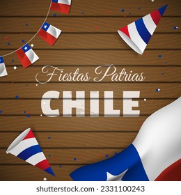 Dekorative chilenische Feiertage Gruß mit spanischer Phrase Text Fiestas Patrias Chile auf Holzhintergrund