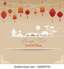 Decorative Chinese Background with Red Lamp and Snow