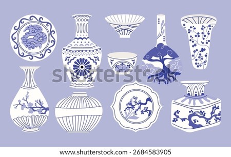 Decorative Chinese ceramic set vases, bowls and plates with floral, tree, branch and dragon ornament. Vector illustration isolated on background. Traditional pottery and porcelain art concept