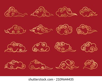 Decorative chinese clouds, vector icons set. Linear cumulus cloud, traditional symbol of eastern culture. Golden curly shapes for card or banner decoration.