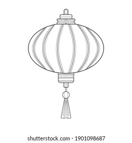 Decorative Chinese lantern with striped patterns on white isolated background. Winter celebration. Suitable for coloring book, card, poster.