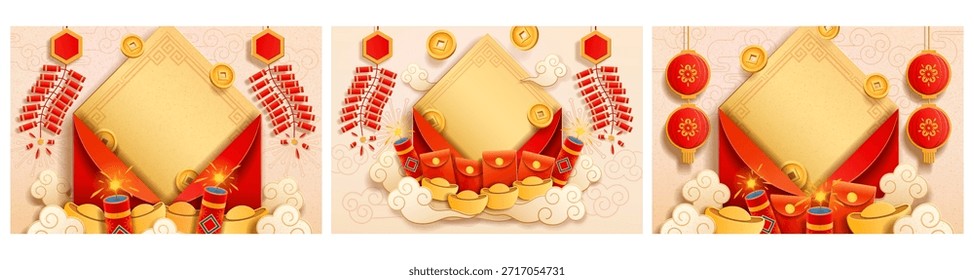 Decorative Chinese New Year elements. Vector envelopes with lanterns, clouds and fireworks, coins with holes and golden ingots. Prosperity, wealth and joy. Greeting cards and cultural celebration