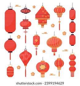 Decorative chinese red lanterns. Tradition asian festival lights, holiday paper lamps, festive street suspended lightening, golden floral ornament, cartoon flat isolated vector set