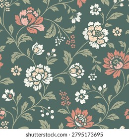 Decorative chintz-inspired trailing floral design, stylized Jacobean flowers, leaves. Seamless vector pattern