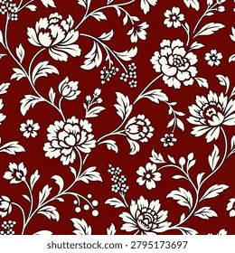 Decorative chintz-inspired trailing floral design, stylized Jacobean flowers, leaves. Seamless vector pattern
