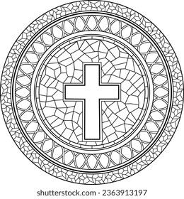 Decorative Christian mandala with stained glass elements. Christian coloring page, book cove.