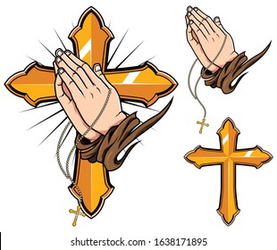 Decorative Christian ornament with praying hands, golden cross and chaplet. You can use each of the elements separately as well.