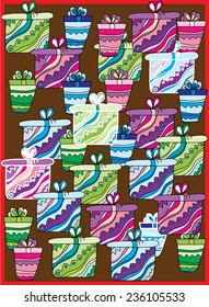 decorative Christmas abstract background painted gifts with a pattern in a row,wrap gifts