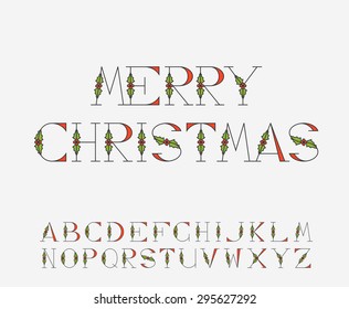 Decorative Christmas alphabet with mistletoe decorations for postcards and greetings