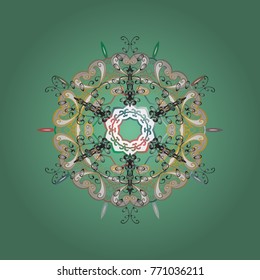 Decorative christmas background with bokeh green, neutral and grays and snowflakes. Vector illustration.