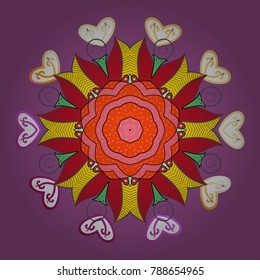 Decorative christmas background with bokeh purple, red and yellows and snowflakes. Vector illustration.