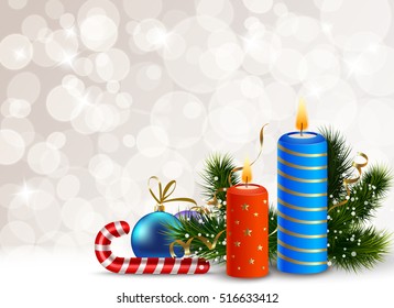 Decorative Christmas background with candles balls candy fir branches and golden ribbons vector illustration