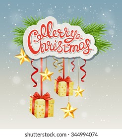 Decorative Christmas background with greeting inscription, gifts and stars
