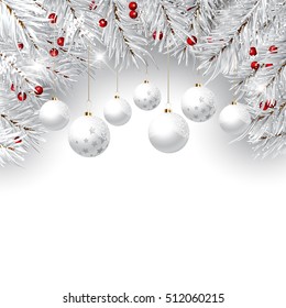 Fondo de Navidad decorativo con ramas de pino y baudillos colgantes