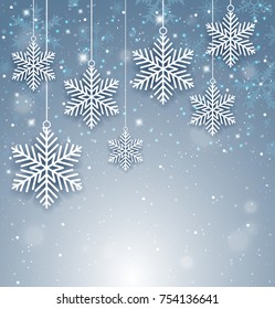 Decorative Christmas background with white paper snowflakes. New year greeting card. Vector illustration.
