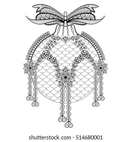 Decorative Christmas Ball with bow and decorative beads. Hand Drawn Vector illustration in zentangle style. Sketch for adult anti stress coloring pages, tattoo, New Year posters and greeting cards