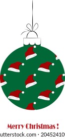 Decorative Christmas ball with a drawing of a Santa hat.Vector illustration on a white background with text. Card for congratulations, invitations, flyers and brochures, covers, holidays.