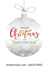 Decorative Christmas ball with lettering inscription. Postcard template. Vector illustration.