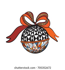 Decorative Christmas ball. Vector template for decorating new year greeting cards, coloring books, art therapy, antistress, t-shirts.