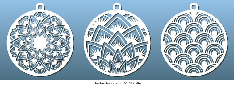 Decorative Christmas balls, set of templates for laser cutting. Abstract pattern. Paper art or metal cut, fretwork stencil or die. Vector illustration