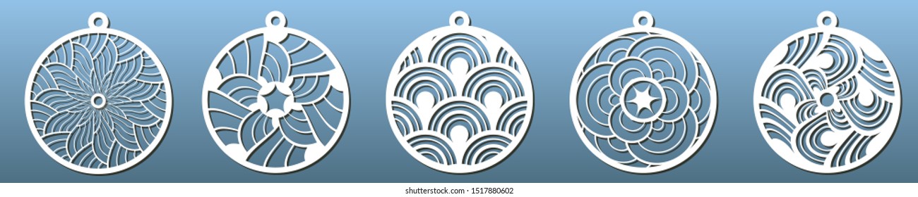 Decorative Christmas balls, set of templates for laser cutting. Abstract pattern. Paper art or metal cut, fretwork stencil or die. Vector illustration