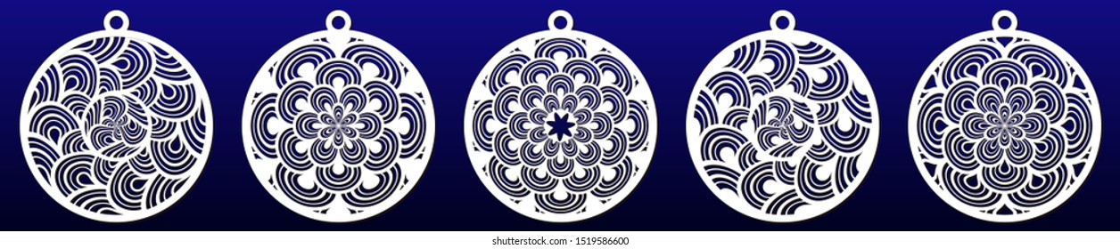 Decorative Christmas balls, set of templates for laser cutting. Abstract pattern. Paper art or metal cut, fretwork stencil or die. Vector illustration
