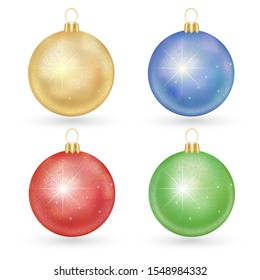 Decorative Christmas balls with sparkles. Set of bright Christmas-tree decorations of different colors. Isolated white background. Vector illustration