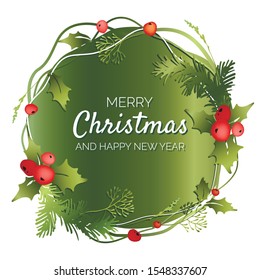 Decorative Christmas banner with mistletoe leaves, fir branches and holly berries. Vector illustration.