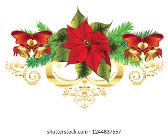 Decorative Christmas banner with red poinsettia ornament.