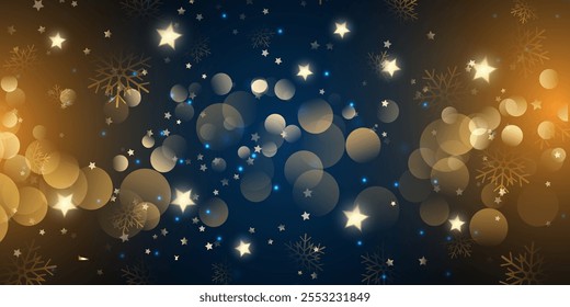 Anuncio de Navidades decorativas con copos de nieve, luces bokeh y diseño de estrellas