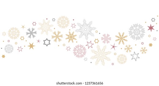 decorative christmas border wave with snowflakes and stars gold silver and red vector illustration EPS10