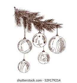Decorative christmas branch and balls sketch. Xmas and New years holidays. Vintage vector illustration. Hand drawn.