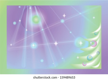 Decorative Christmas card with abstract Christmas tree and toys on violet-blue background