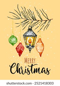 Decorative Christmas card with lanterns, ornaments hanging from pine branches in festive celebration