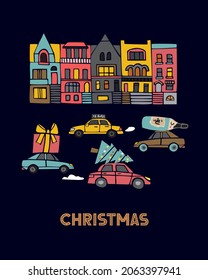 Decorative Christmas card with old town and a road with cars on the background of the night sky. Banner concept new year eve with transport  with gifts, Christmas tree, champagne. Vector illustration
