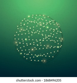 Círculo navideño decorativo hecho de luces sobre fondo verde. Bombillas. Plantilla vectorial para carteles, invitaciones y tarjetas de felicitación.