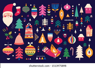 Decorative Christmas collection in Scandinavian folk style with Christmas tree, birds, Santa Claus