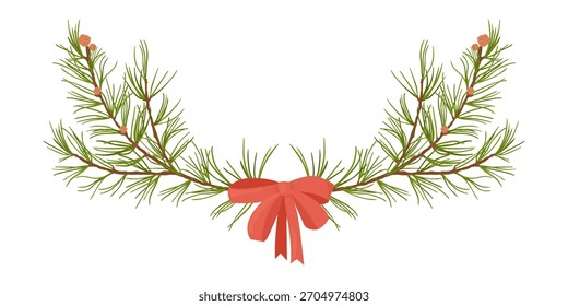 Composición de Navidades decorativas con ramas de pino y gran arco rojo. Elemento de Vector festivo plano.