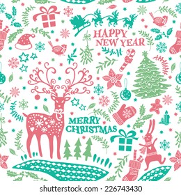 Decorative Christmas Doodle pattern. Hand drawing. Christmas decorations. Seamless pattern for fabric, paper and other printing and web projects.
