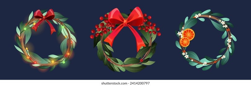 Decorative Christmas door wreath design. Cartoon vector illustration set of natural round holiday frames made of green plant twig with leaves, red berries and ribbon bows. Circle festive garland.