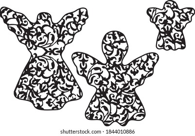 Decorative Christmas elements. Paper cut black and white. Angels
